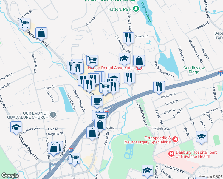 map of restaurants, bars, coffee shops, grocery stores, and more near 21 Hayestown Avenue in Danbury