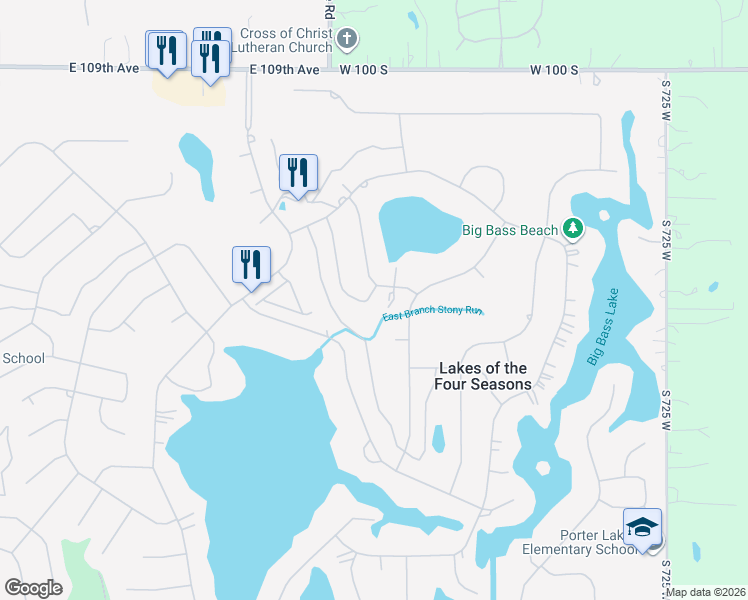 map of restaurants, bars, coffee shops, grocery stores, and more near 1092 Shoreline Road in Crown Point