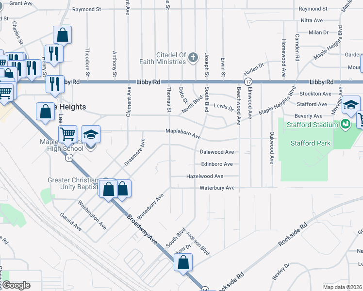 map of restaurants, bars, coffee shops, grocery stores, and more near 17808 Dalewood Avenue in Maple Heights