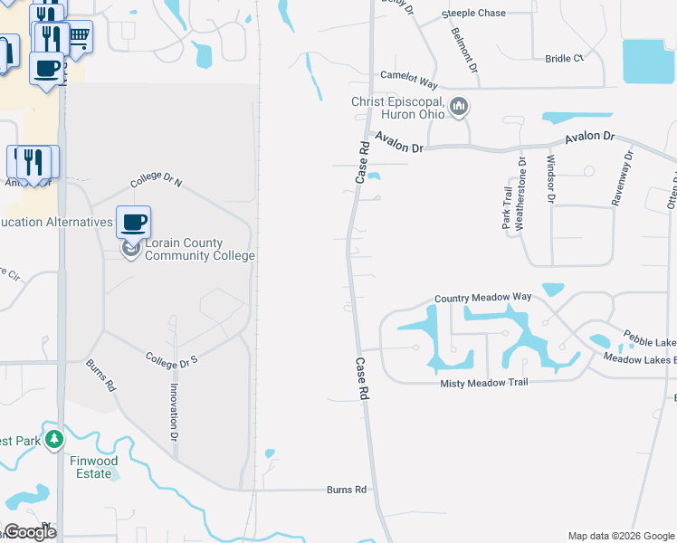 map of restaurants, bars, coffee shops, grocery stores, and more near 5215 Case Road in North Ridgeville