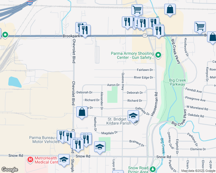 map of restaurants, bars, coffee shops, grocery stores, and more near 11061 River Edge Drive in Parma