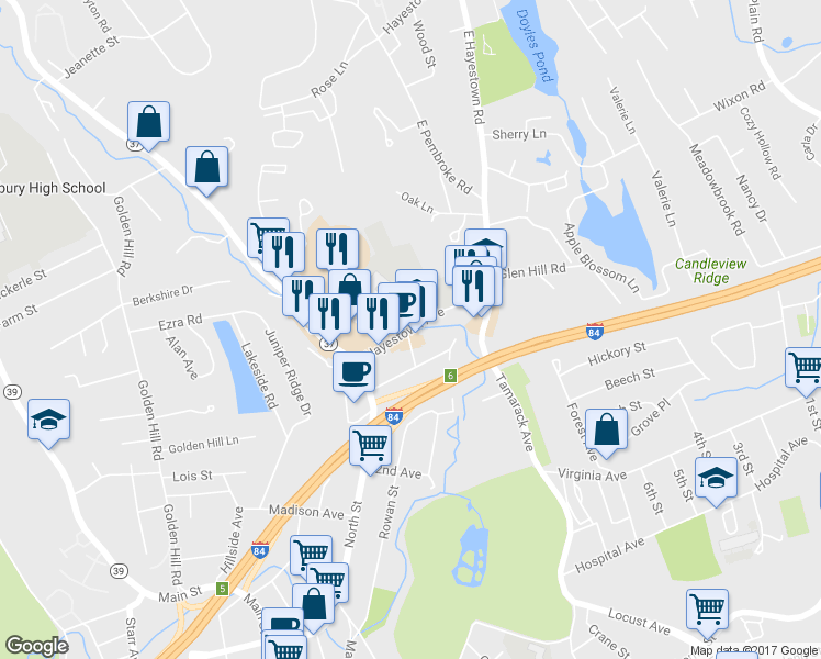 map of restaurants, bars, coffee shops, grocery stores, and more near 38 Hayestown Avenue in Danbury