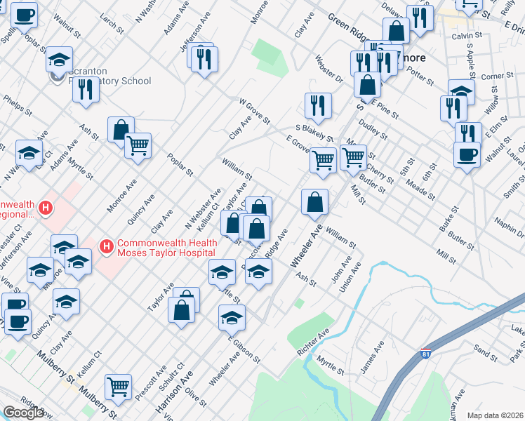 map of restaurants, bars, coffee shops, grocery stores, and more near 1124 North Irving Avenue in Dunmore