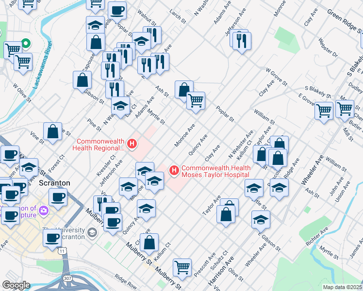 map of restaurants, bars, coffee shops, grocery stores, and more near 907 Monroe Avenue in Scranton