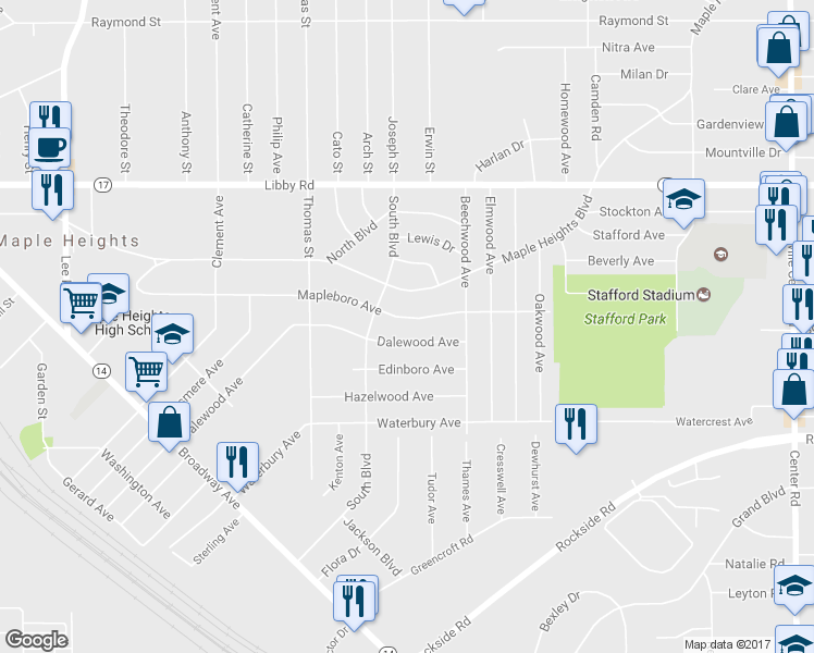 map of restaurants, bars, coffee shops, grocery stores, and more near 18324 Maple Heights Boulevard in Maple Heights
