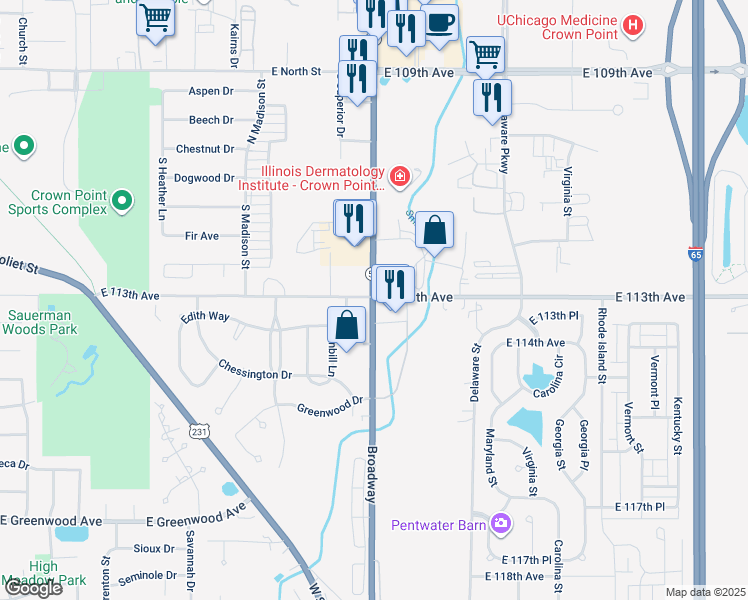 map of restaurants, bars, coffee shops, grocery stores, and more near 11282-11298 Broadway in Crown Point