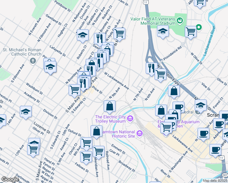 map of restaurants, bars, coffee shops, grocery stores, and more near in Scranton