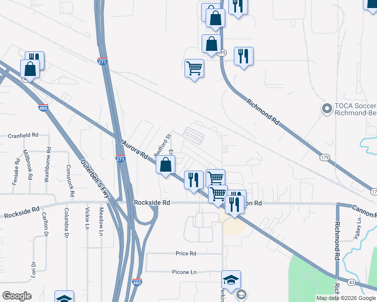 map of restaurants, bars, coffee shops, grocery stores, and more near 203 10th Street in Bedford Heights
