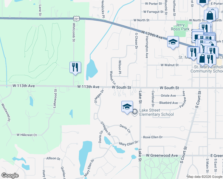 map of restaurants, bars, coffee shops, grocery stores, and more near 300-312 Walnut Ln in Crown Point