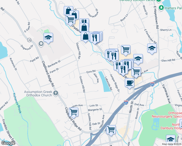 map of restaurants, bars, coffee shops, grocery stores, and more near 17 Berkshire Drive in Danbury