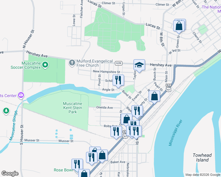 map of restaurants, bars, coffee shops, grocery stores, and more near 301 Clinton Street in Muscatine