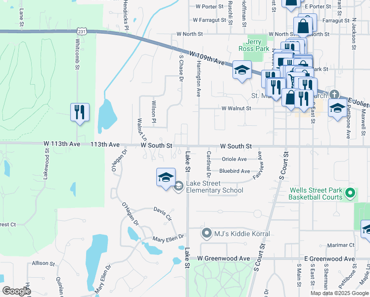 map of restaurants, bars, coffee shops, grocery stores, and more near 800 West South Street in Crown Point