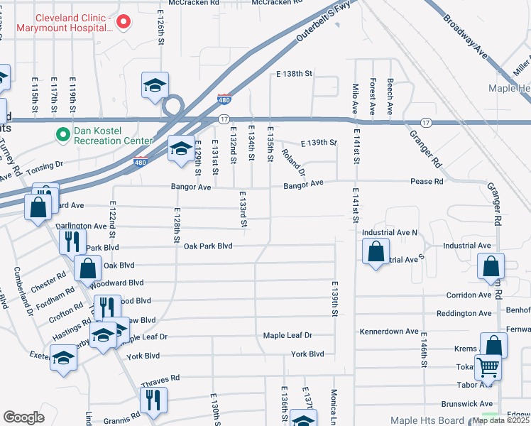 map of restaurants, bars, coffee shops, grocery stores, and more near 5474 East 135th Street in Garfield Heights