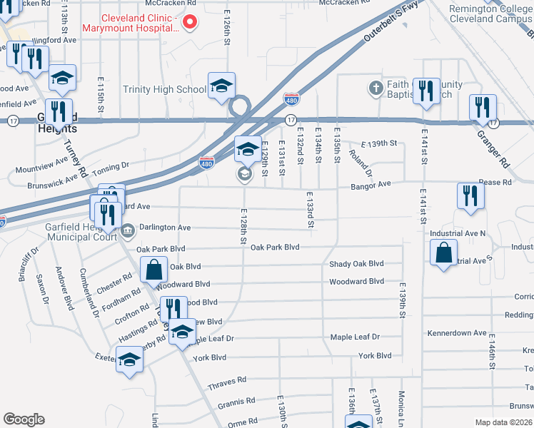 map of restaurants, bars, coffee shops, grocery stores, and more near 12817 Willard Avenue in Garfield Heights