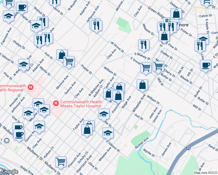 map of restaurants, bars, coffee shops, grocery stores, and more near 1110 Taylor Avenue in Scranton