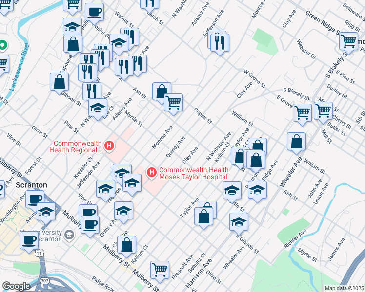 map of restaurants, bars, coffee shops, grocery stores, and more near 935 Quincy Avenue in Scranton