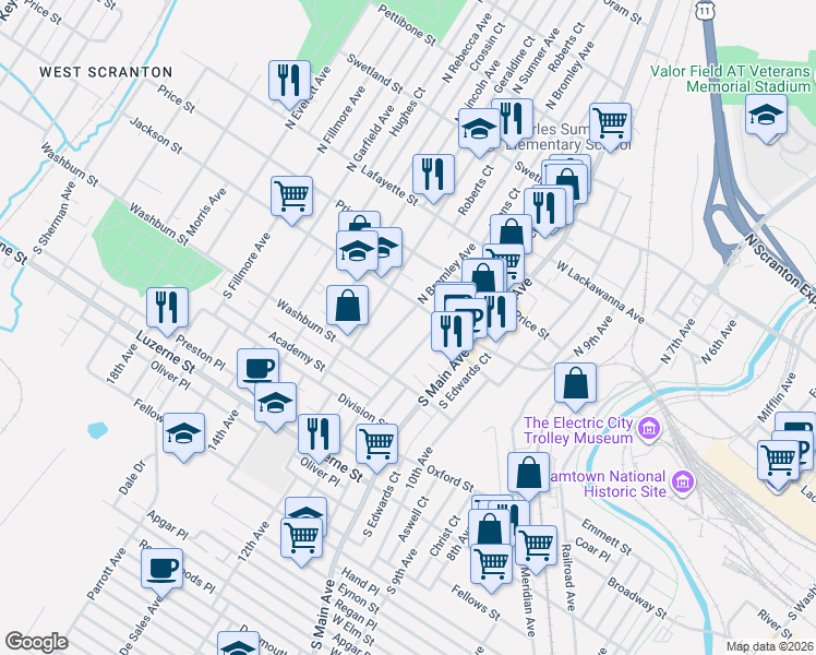 map of restaurants, bars, coffee shops, grocery stores, and more near 114 South Bromley Avenue in Scranton