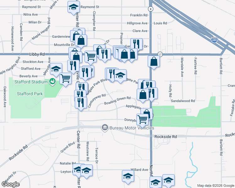 map of restaurants, bars, coffee shops, grocery stores, and more near 20920 Southgate Park Boulevard in Maple Heights
