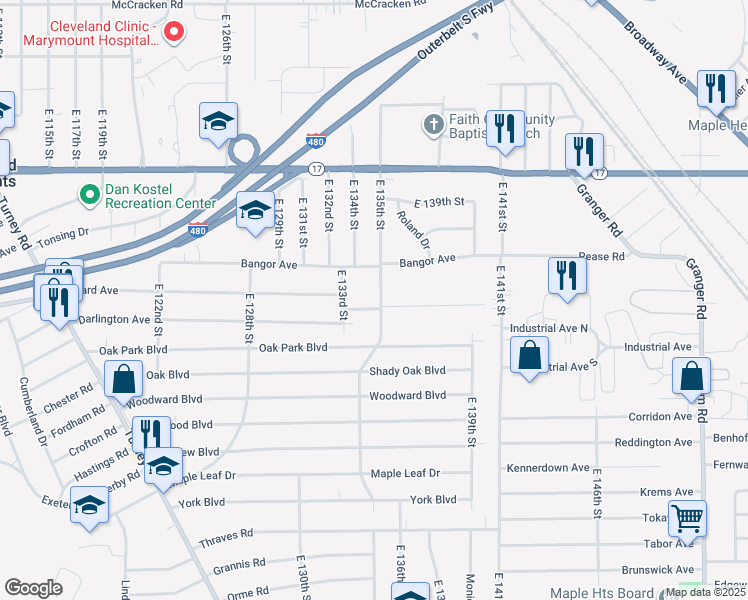 map of restaurants, bars, coffee shops, grocery stores, and more near 5474 East 135th Street in Garfield Heights