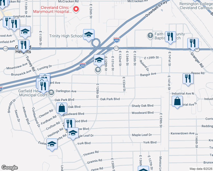 map of restaurants, bars, coffee shops, grocery stores, and more near 12817 Willard Avenue in Garfield Heights