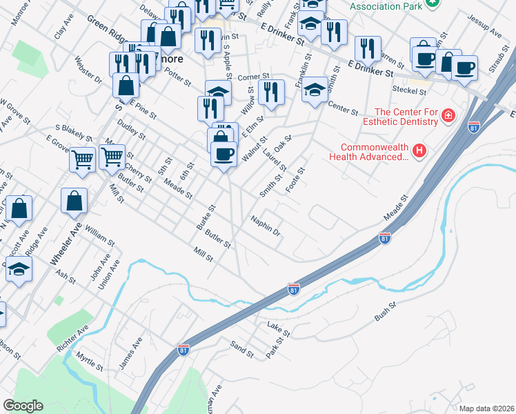 map of restaurants, bars, coffee shops, grocery stores, and more near 200 Somers Street in Dunmore