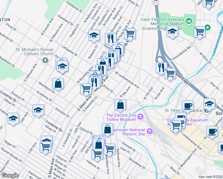 map of restaurants, bars, coffee shops, grocery stores, and more near 1000 Price Street in Scranton