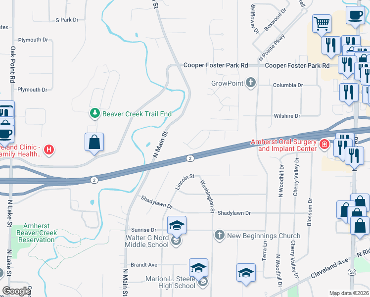 map of restaurants, bars, coffee shops, grocery stores, and more near 120 Fall Lake Lane in Amherst