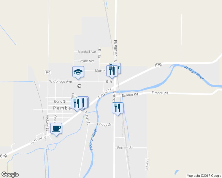 map of restaurants, bars, coffee shops, grocery stores, and more near 401 Highway 105 in Pemberville