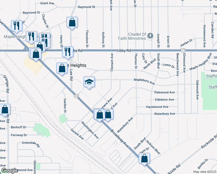 map of restaurants, bars, coffee shops, grocery stores, and more near 5500 Clement Avenue in Maple Heights