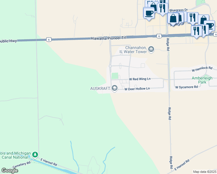 map of restaurants, bars, coffee shops, grocery stores, and more near 27656 West Deer Hollow Lane in Channahon