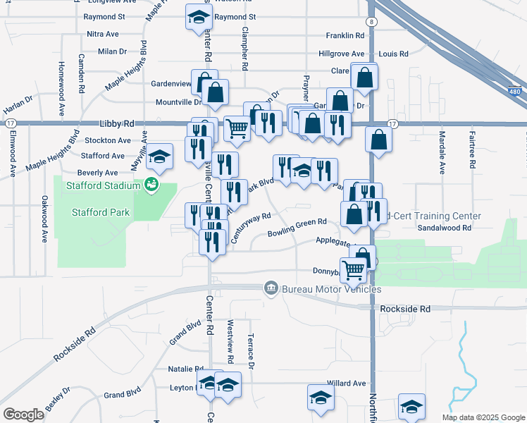 map of restaurants, bars, coffee shops, grocery stores, and more near 20681 Centuryway Road in Maple Heights