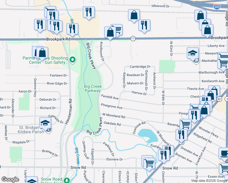 map of restaurants, bars, coffee shops, grocery stores, and more near 5435 Knollwood Drive in Parma