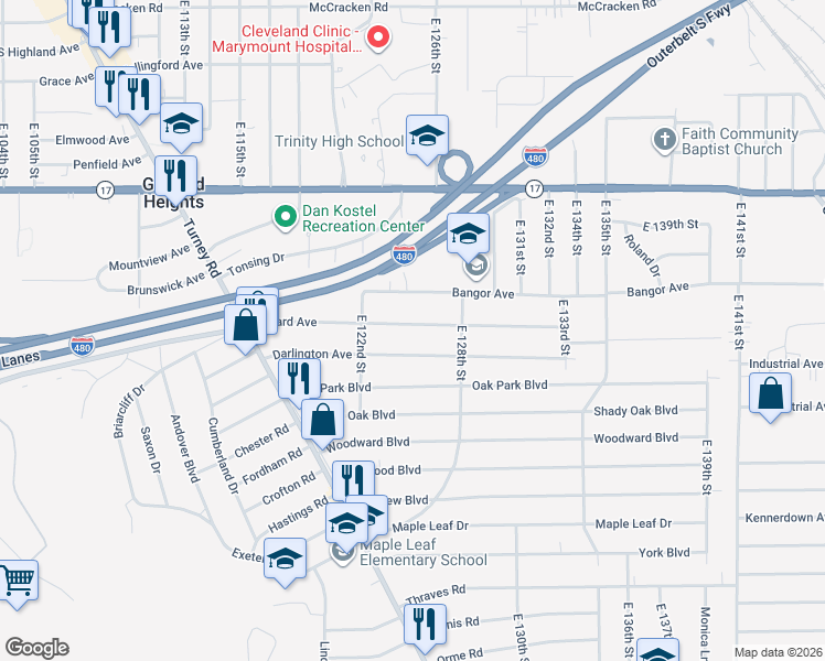 map of restaurants, bars, coffee shops, grocery stores, and more near 12333 Willard Avenue in Garfield Heights