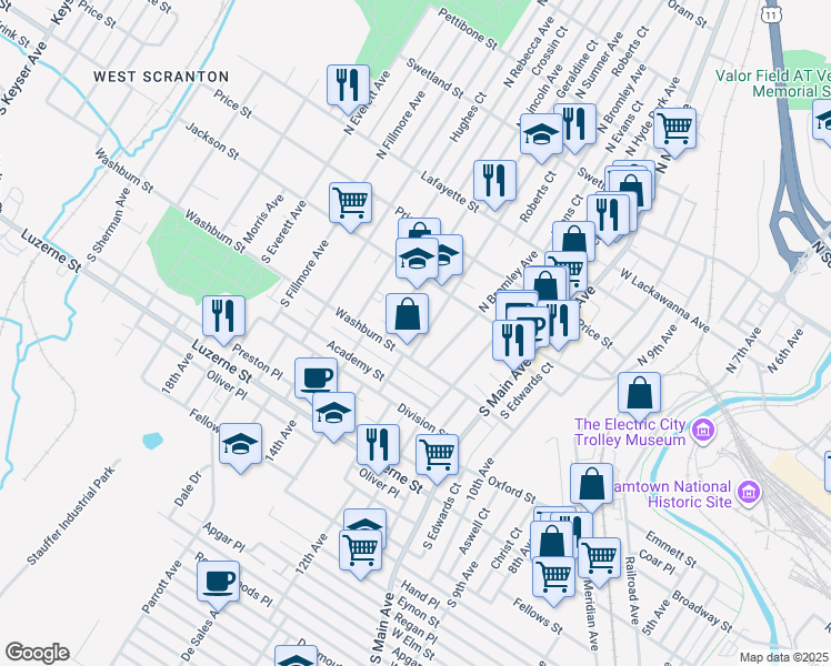 map of restaurants, bars, coffee shops, grocery stores, and more near 136 South Lincoln Avenue in Scranton