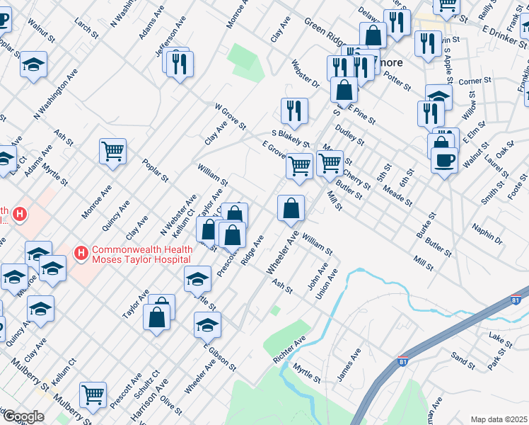 map of restaurants, bars, coffee shops, grocery stores, and more near 1206 Prescott Avenue in Scranton