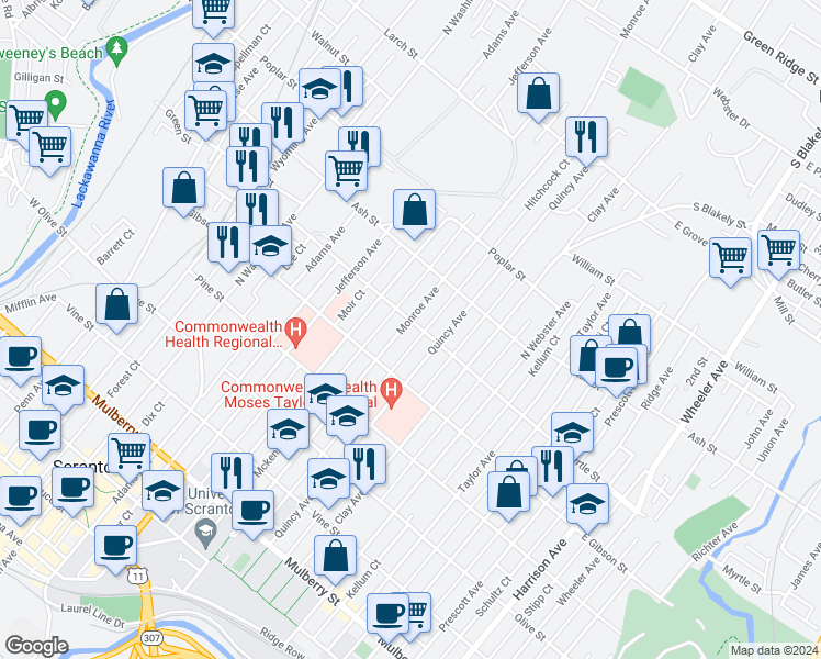map of restaurants, bars, coffee shops, grocery stores, and more near 907 Monroe Avenue in Scranton