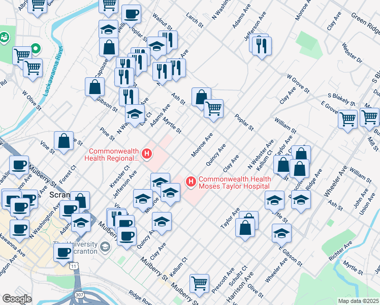 map of restaurants, bars, coffee shops, grocery stores, and more near 832 Madison Avenue in Scranton