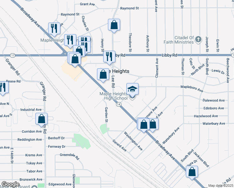 map of restaurants, bars, coffee shops, grocery stores, and more near 5435 Lee Road in Maple Heights