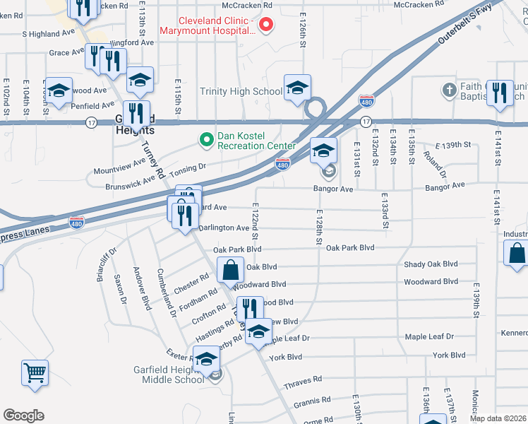 map of restaurants, bars, coffee shops, grocery stores, and more near 12205 Willard Avenue in Cleveland