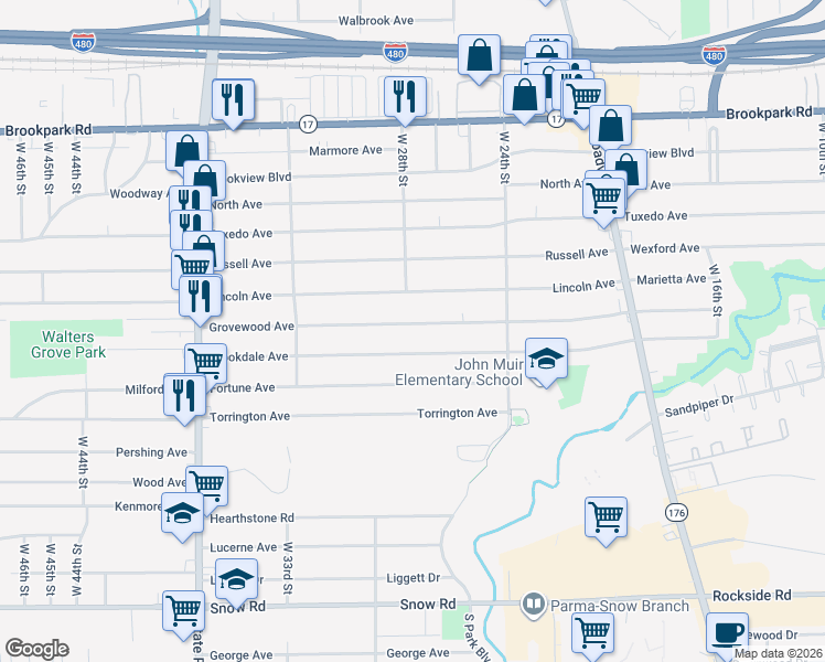 map of restaurants, bars, coffee shops, grocery stores, and more near 2714 Grovewood Avenue in Parma