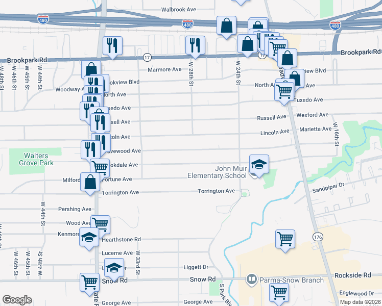 map of restaurants, bars, coffee shops, grocery stores, and more near 2714 Grovewood Avenue in Parma