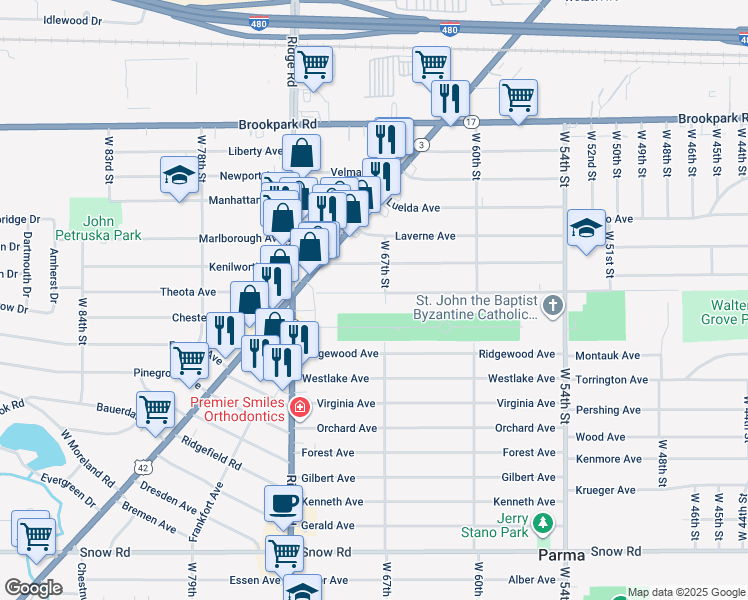 map of restaurants, bars, coffee shops, grocery stores, and more near 6702 Theota Avenue in Parma