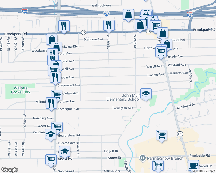 map of restaurants, bars, coffee shops, grocery stores, and more near 2714 Grovewood Avenue in Parma