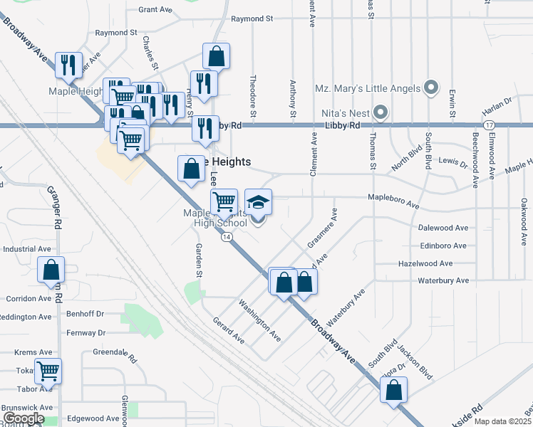 map of restaurants, bars, coffee shops, grocery stores, and more near Maple Heights Boulevard in Maple Heights