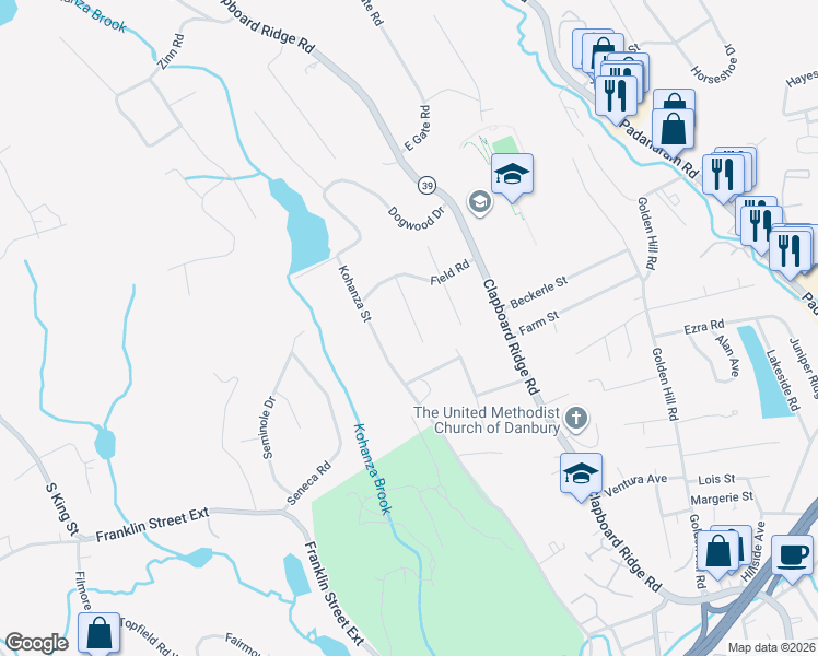 map of restaurants, bars, coffee shops, grocery stores, and more near 5 Greenview Road in Danbury