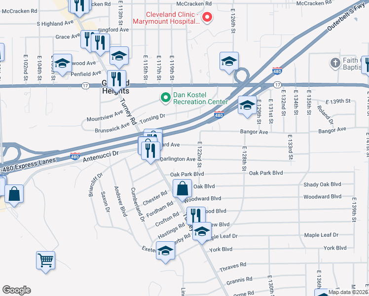 map of restaurants, bars, coffee shops, grocery stores, and more near 12015 Willard Avenue in Garfield Heights