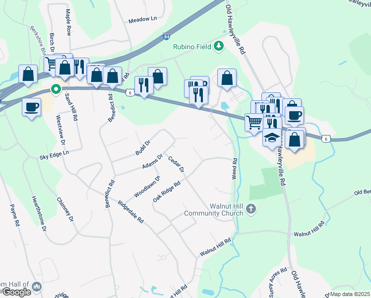 map of restaurants, bars, coffee shops, grocery stores, and more near 25 Adams Drive in Bethel