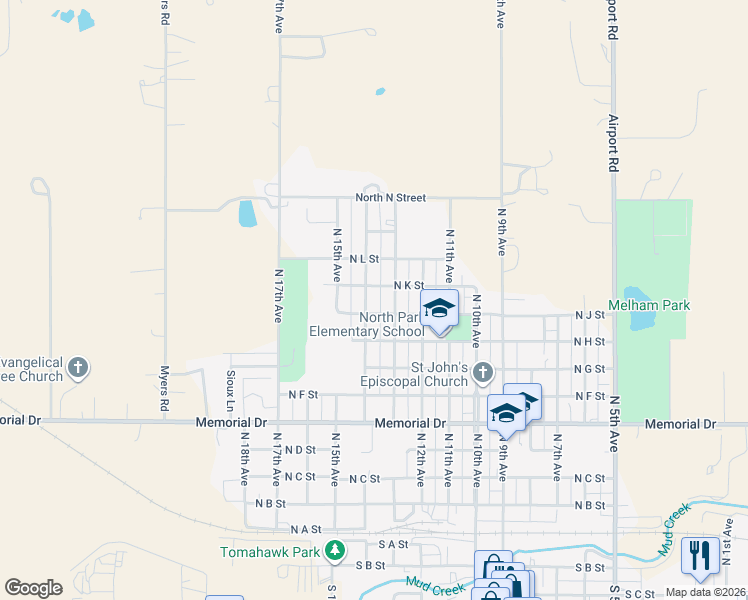 map of restaurants, bars, coffee shops, grocery stores, and more near 1401-1449 North K Street in Broken Bow