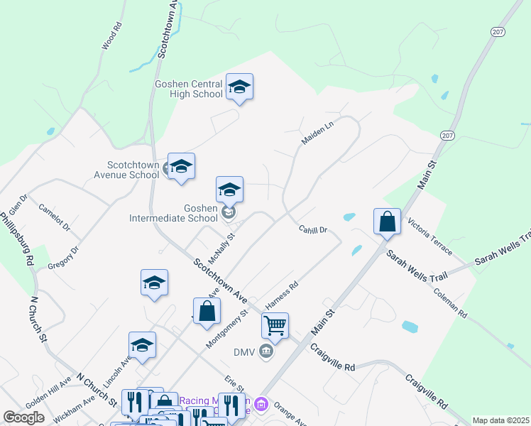 map of restaurants, bars, coffee shops, grocery stores, and more near 13 McNally Street in Goshen
