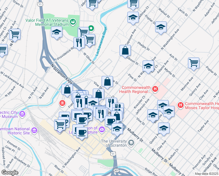 map of restaurants, bars, coffee shops, grocery stores, and more near 500 Penn Ave in Scranton